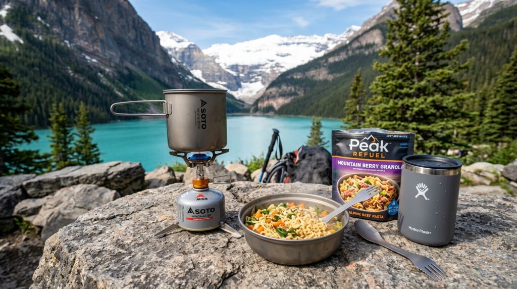 Lightweight camping meals cooked on small stove by mountain lake
