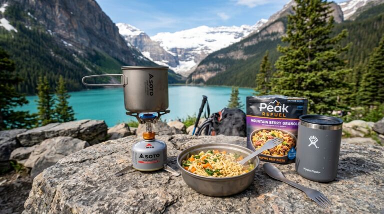 Lightweight camping meals cooked on small stove by mountain lake