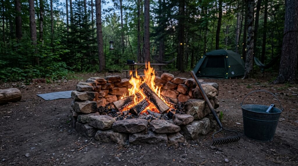 Safe campfire built inside stone fire ring at campsite
